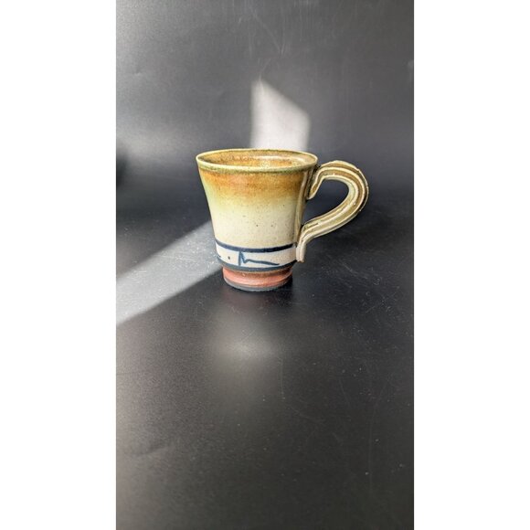Studio Artisan Pottery Coffee Mug Green and Brown Glaze Line Accent Cup Rustic - Picture 1 of 10